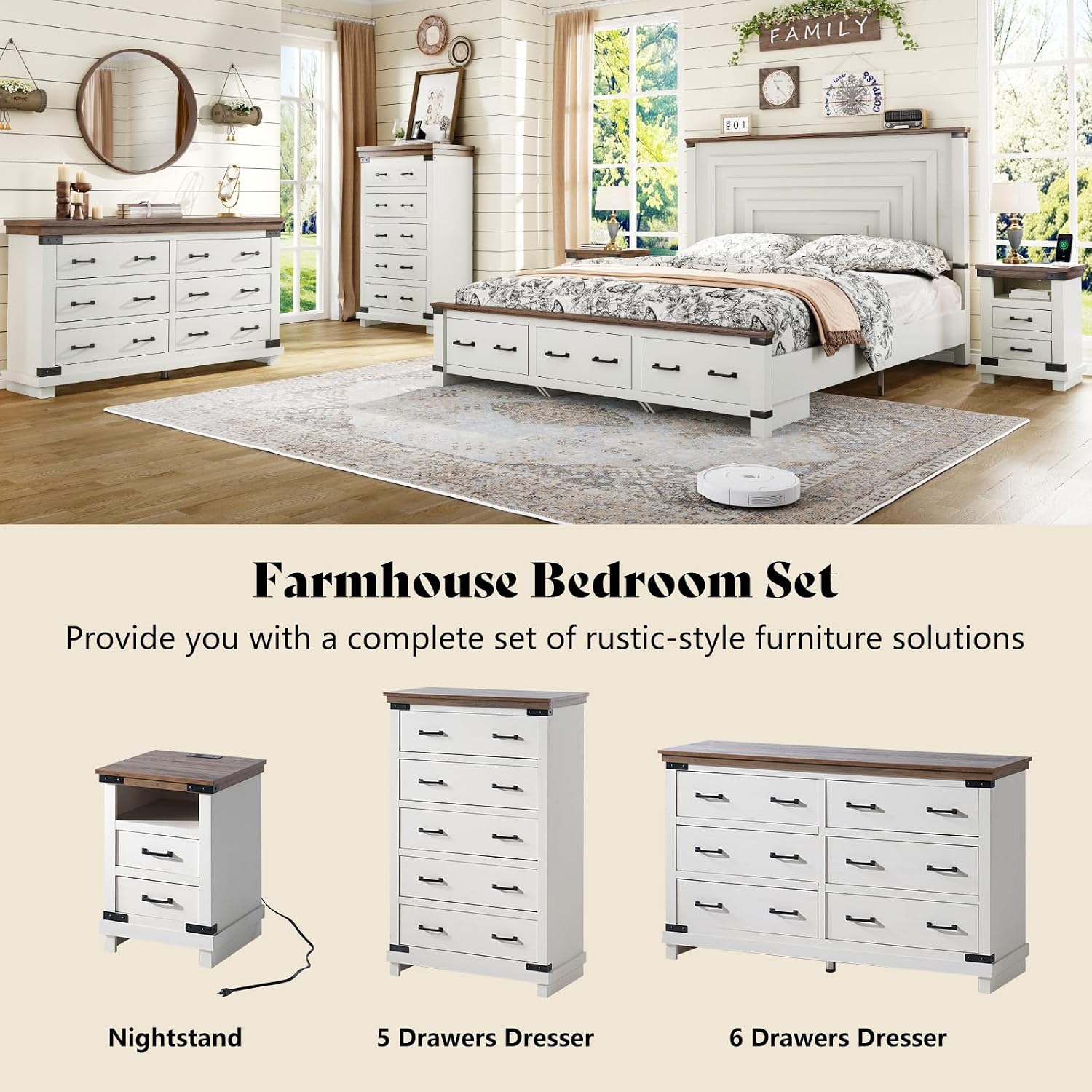 AMERLIFE Farmhouse End Table with Charging Station, 18' Wood Rustic Night Stand with 2 Storage Drawers, Heavy Duty Bedside Sofa Side End Tables for Bedroom, Living Room, Antique White