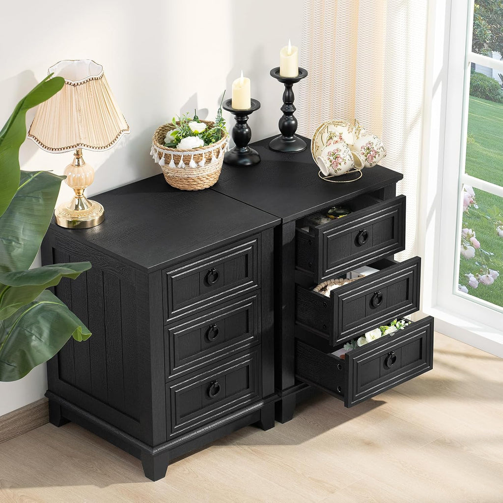 Joaxswe 18' Farmhouse Night Stand with 3 Drawers, Wood End Table Dresser for Bedroom, Black Nightstand, Bed Side Table with Metal Handle, Bedside Cabinet for Bedroom Living Room, Closet