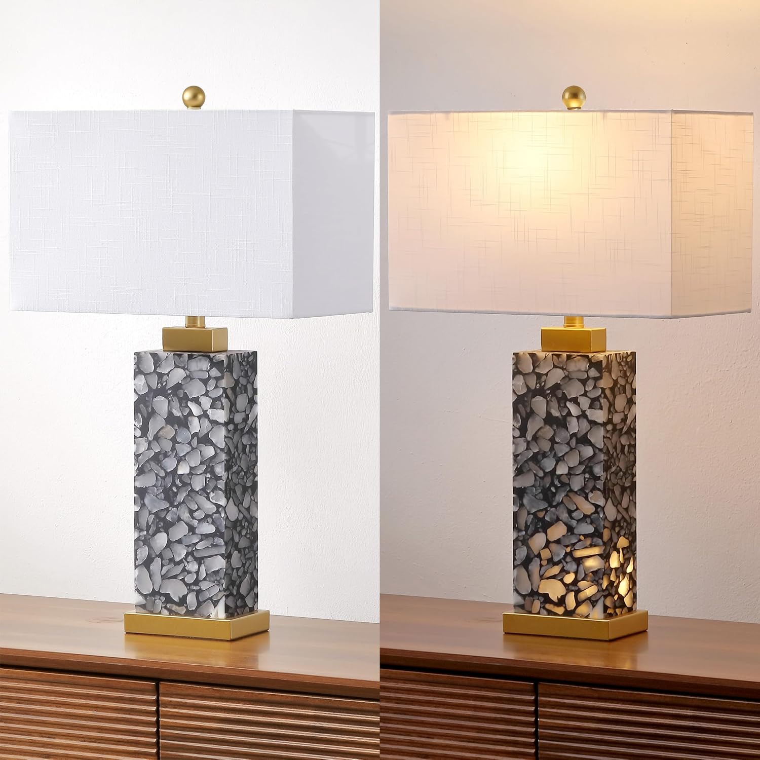 JONATHAN Y 27.5' Black Alabaster Gold Rectangular Table Lamp with Night Light Contemporary Coastal Bedside Lamp for Bedroom with White Linen Shade LED Bulbs Included JYL6201C