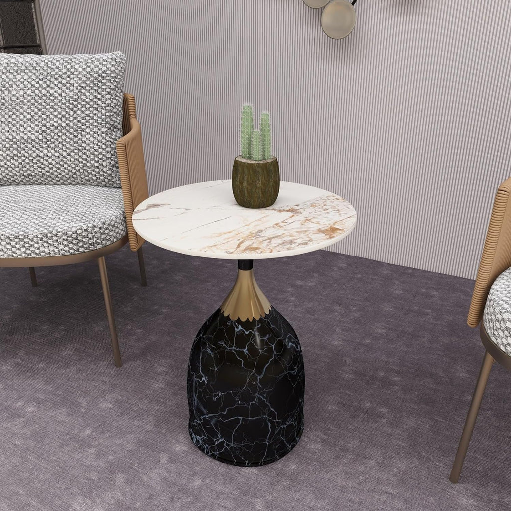 LeisureMod Oslo Modern Round Side Table with Elegant Sintered Stone Top and Sculptural Stainless Steel Pedestal Base, Chic Accent End Table for Living Room, Home or Sofa, Stone Black