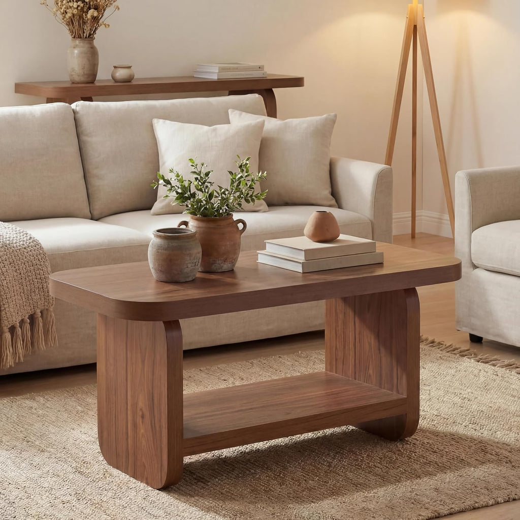 LITTLE TREE Wooden Coffee Table, 47.2' Center Table with Storage, Modern Farmhouse Rectangle Living Room Tables with Rounded Corners for Living Room, Bedroom, Kids Room, Home Office, Brown