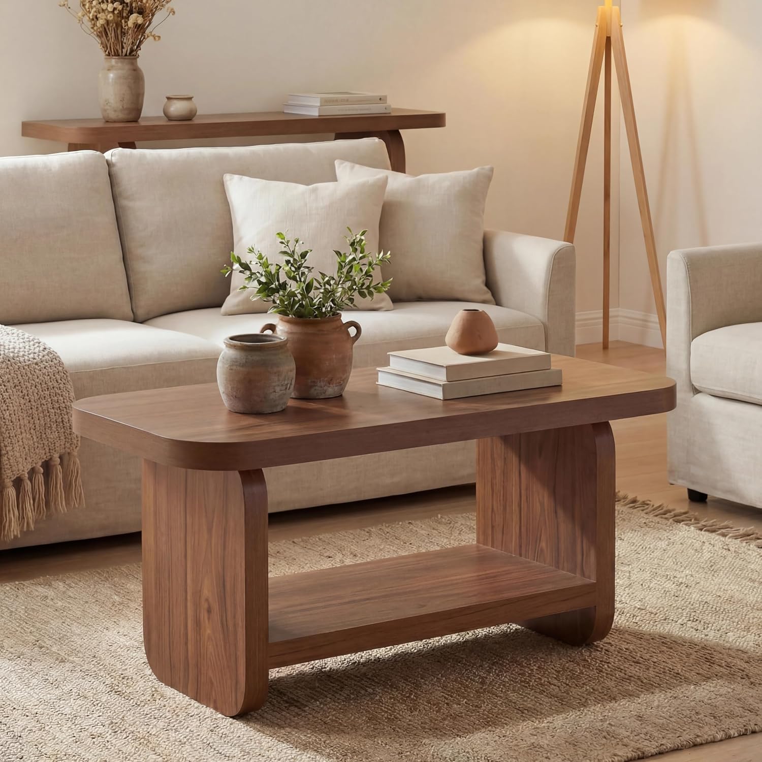 LITTLE TREE Wooden Coffee Table, 47.2' Center Table with Storage, Modern Farmhouse Rectangle Living Room Tables with Rounded Corners for Living Room, Bedroom, Kids Room, Home Office, Brown