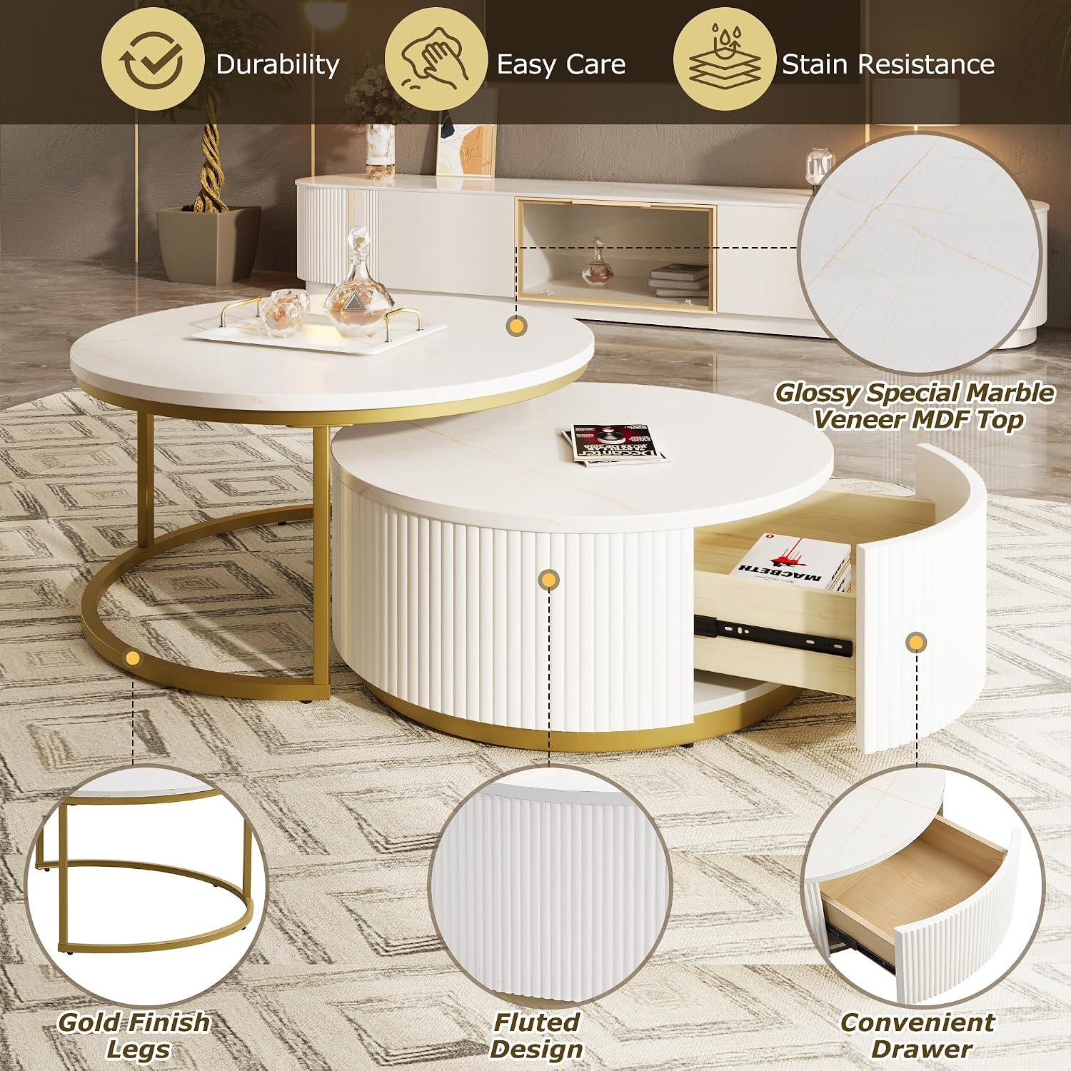 Merax 27.6' Modern Round Nesting Coffee Table Fluted with Drawer for Home Living Room, White & Gold