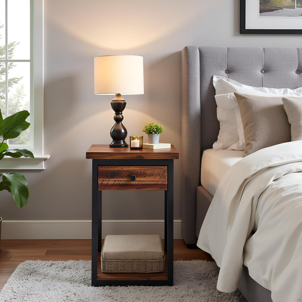 Claremont Rustic Solid Wood End Table with Drawer and Shelf – Farmhouse Accent or Nightstand with Natural Knots, Rough-Hewn Edges for Living Room or Bedroom by Alaterre Furniture (Dark Brown)