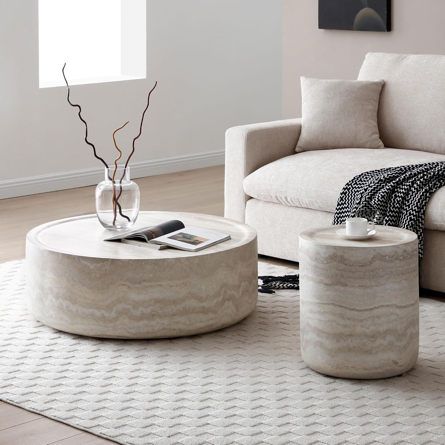 Round Coffee Table for Living Room Circle Coffee Table Modern Drum Center Table for Apartment, No Need Assembly (Fiberglass 31.49'' Mars Pattern)