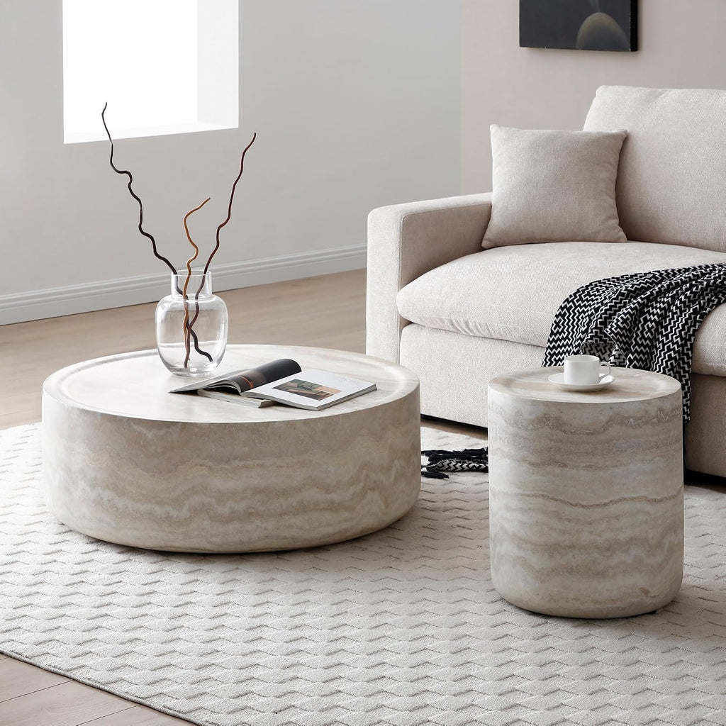 Round Coffee Table for Living Room Circle Coffee Table Faux Marble Pattern Coffee Table Modern Drum Center Table for Apartment, No Need Assembly (Travertine Fiberglass 39.37'')