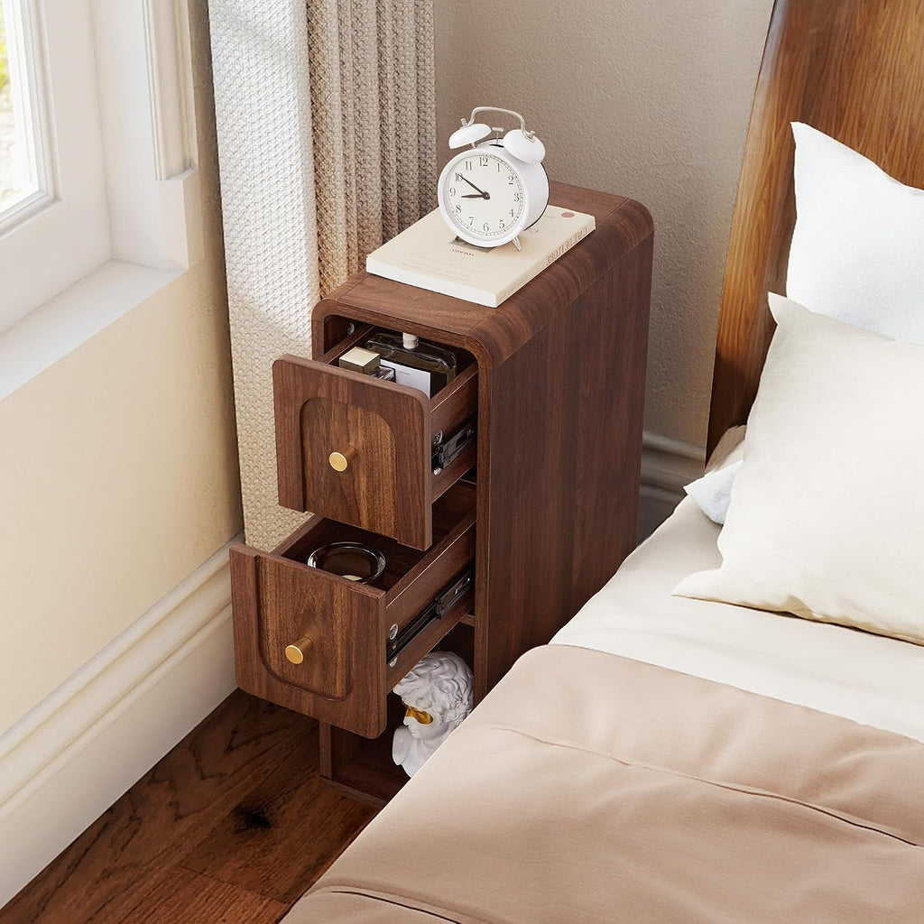 Small Nightstand Set of 2, Wooden Narrow Nightstands with 2 Drawers, Vintage Side End Table for Small Spaces, Skinny Night Stand, Bedside Table for Bedroom, Living Room (Walnut-2PCS)