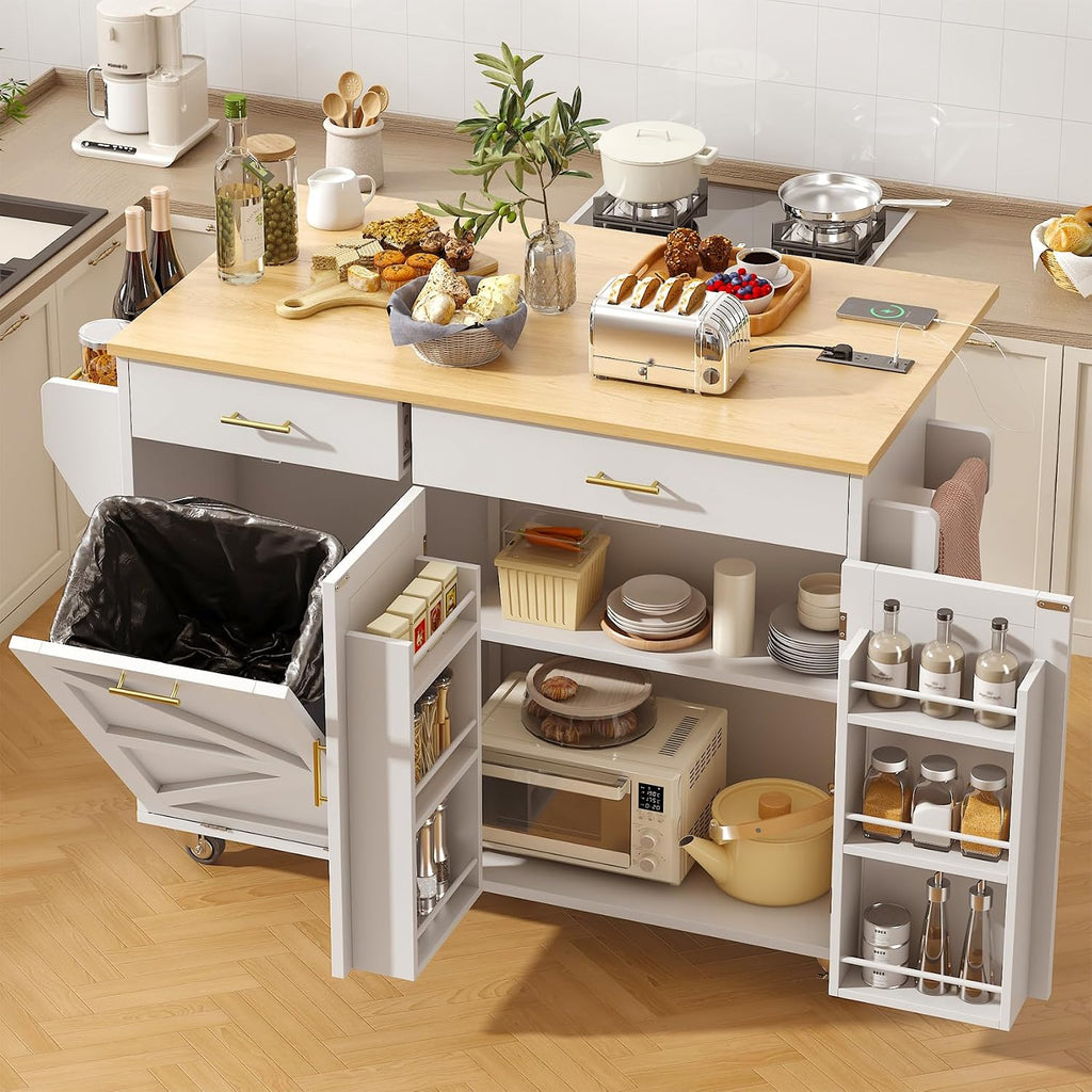 VVFLU 51.8' Kitchen Island Cart with Trash Can Storage, Kitchen Island on Wheels with Power Outlet & Drop Leaf, Rolling Kitchen Cart with Towel Rack & Spice Rack, Mobile Islands Table for Kitchen