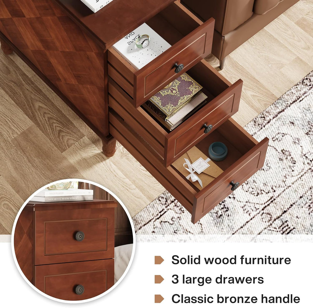 LITTLE TREE Fully Assembled End Table, Set of 2 Narrow Side Table with 3 Drawers, Pre-Assembled Nightstand Slim Bedside Table for Small Spaces, Living Room, Bedroom, Brown