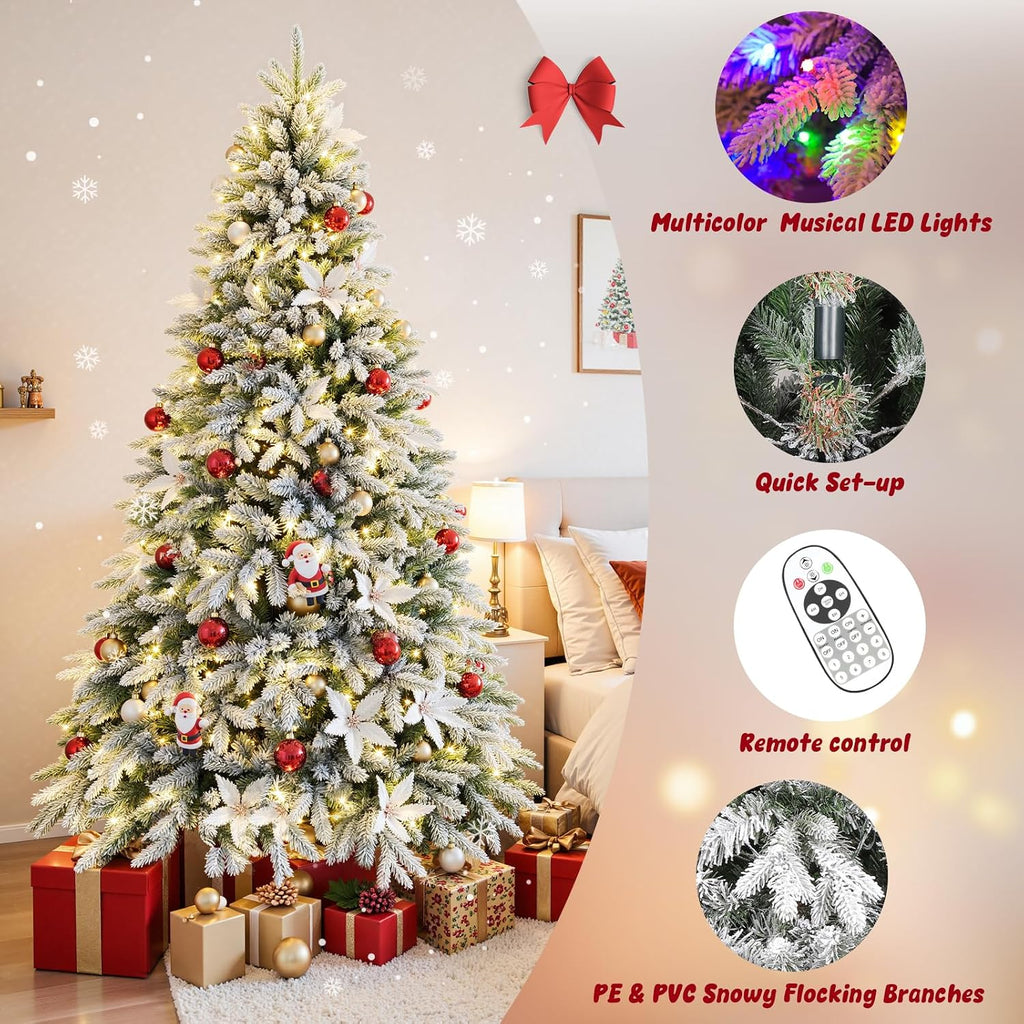 ASOMST Pre-lit Artificial Christmas Tree with Music Sync, Rotating & Foldable Stand, 9ft Snow Flocked Xmas Trees with Remote for Home Décor, 2512 Branch Tips, 600 RGB & Warm White Light