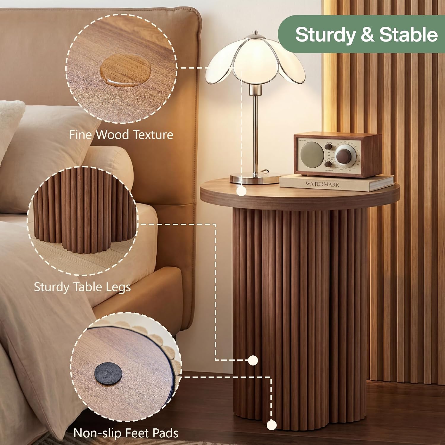 Small Sofa Side Table Set of 2, Fluted Accent Pedestal End Table, Wood Round Night Stand, Farmhouse Bed Side Table Drink Tables for Living Room, Small Spaces (Walnut-2PCS)