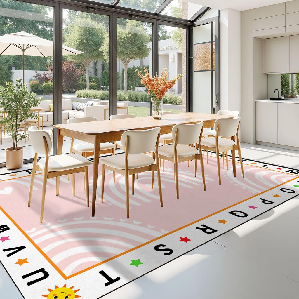 10x14 Kids Learning Rug Washable Area Rugs Kids pink pastel rainbows Summer for baby Scandinavian style Alphabet ABC Learning Carpet Soft Rubber Backed Non-Slip Carpets for Classroom Preschool Nursery