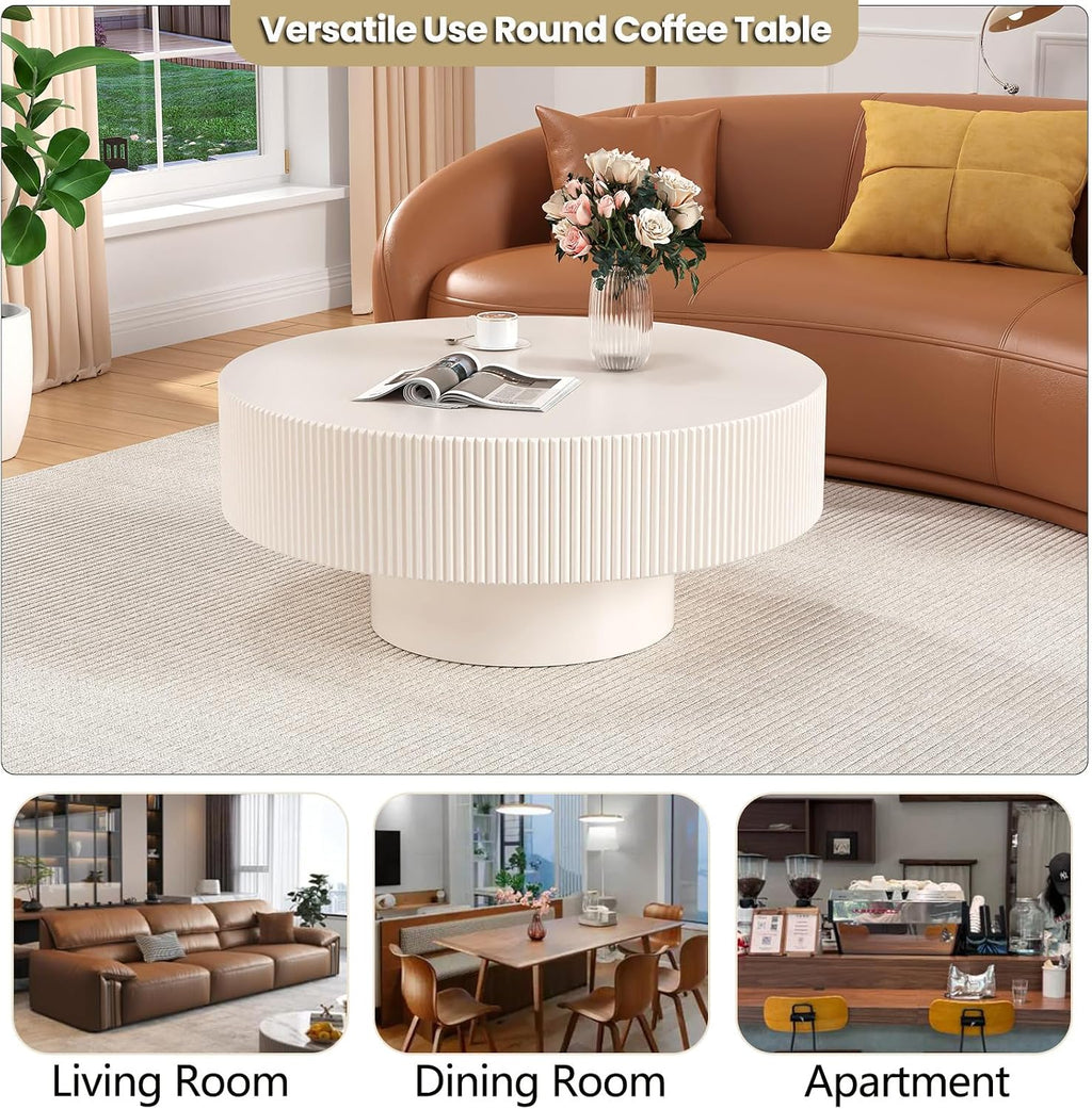 Modern Fluted Round Coffee Table - Handcraft Wooden Drum Coffee Tables with Sturdy Base, Circle Coffee Table Center Tea Table for Living Room Office Apartment Small Space, Easy Assembly(White 30.9')