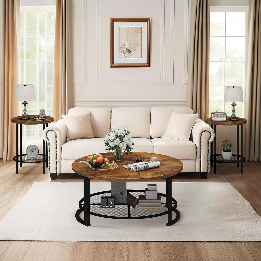 Recaceik Round Coffee Table and End Table Set of 3 with Storage, Modern Vintage Dark Brown Coffee Table and Side Table for Living Room, Office, Apartment, Small Space