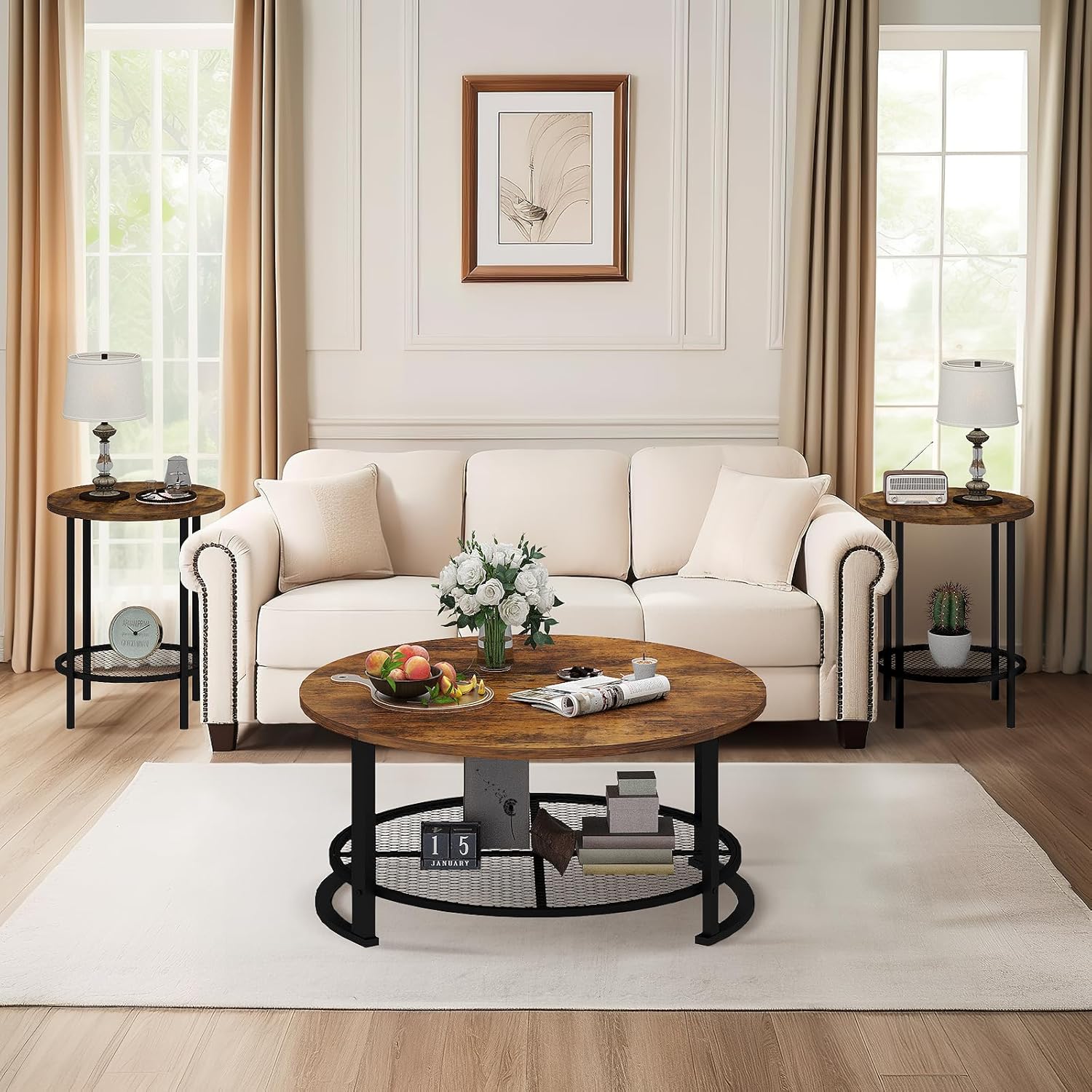 Recaceik Round Coffee Table and End Table Set of 3 with Storage, Modern Vintage Dark Brown Coffee Table and Side Table for Living Room, Office, Apartment, Small Space
