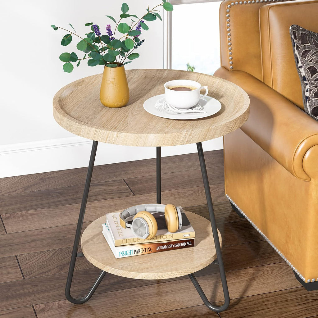 Tribesigns Set of 2 Round Side Table, 2-Tier End Table with Metal Legs, Modern Industrial Beside Table, Small Accent Table Snack Table for Living Room, Bedroom, Small Space, Wood Color
