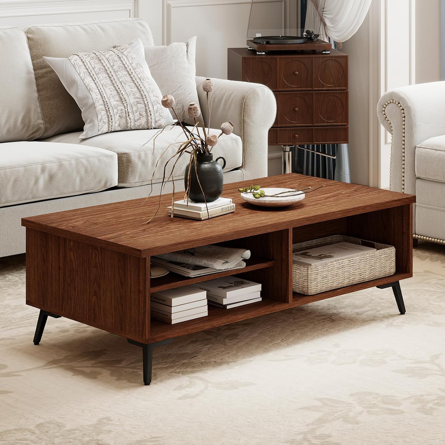 Giantex Mid Century Modern Coffee Table, 2-Tier Wood Rectangular Center Table with Storage Shelves, Compartments & Metal Legs, Vintage Living Room Tables for Reception (Walnut)