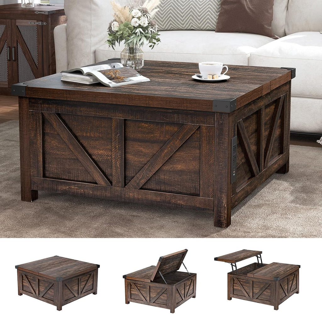 jimeimen Farmhouse Lift Top Coffee Table with Storage, Wood Square Center Table with Charging Station&USB Port, Living Room Table w/Large Hidden Space, for Living Room, Bedroom, Home Office, Brown