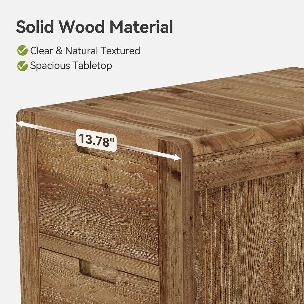 LITTLE TREE 3-Drawer Real Wood End Table Set 2, Narrow Side Table with Storage Drawers, Solid Wood Sofa Side Table for Living Room, Slim Nightstand Bedside Table for Bedroom, Natural Wood Color