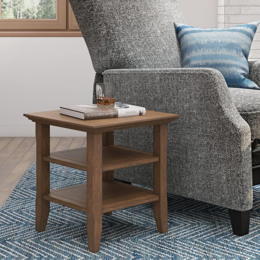 SIMPLIHOME Acadian End Table - 19 inch Wide Solid Wood Square Side Table with 2 Open Shelves in Rustic Natural Aged Brown, Nightstand or Shelving Unit for Living Room or Bedroom with Storage