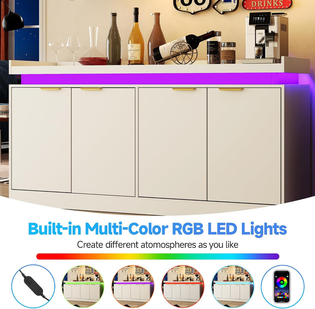 knoworld LED Sideboard Buffet Cabinet with Storage, 63'' Large Kitchen Cabinet Storage Cabinets with 4 Doors, Wood Coffee Bar Cabinets Buffet Table for Kitchen, Dining Room, Living Room (White)