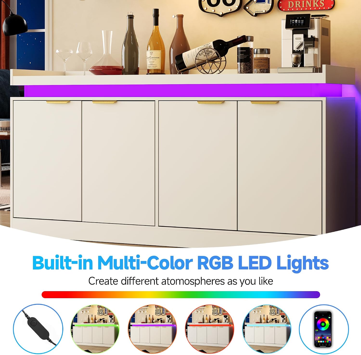 knoworld LED Sideboard Buffet Cabinet with Storage, 63'' Large Kitchen Cabinet Storage Cabinets with 4 Doors, Wood Coffee Bar Cabinets Buffet Table for Kitchen, Dining Room, Living Room (White)