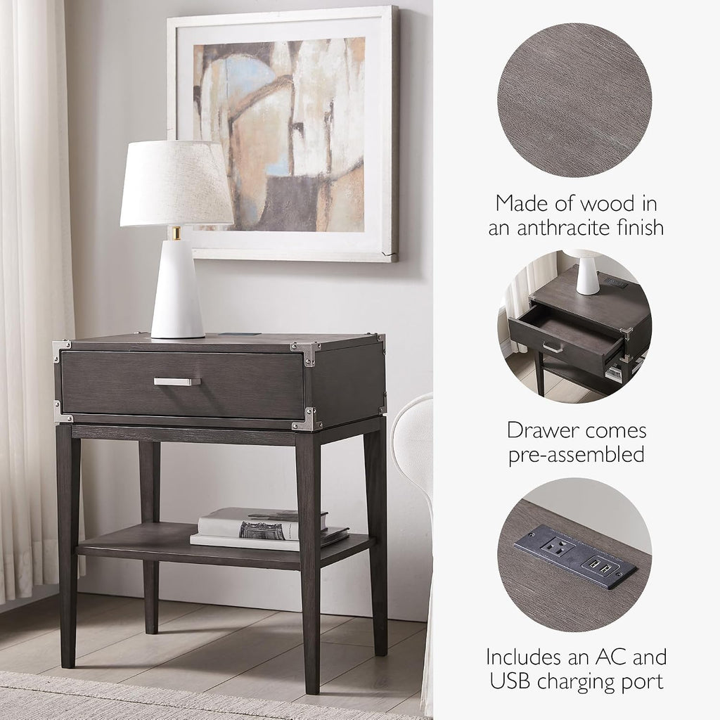 Leick Home 24022 Beckett Nightstand Side Table One Drawer Rustic USB-C Fast Charging Station, A/C and USB Charging Port Integrated Durable Solid Wood Living Room, Bedroom, Office, Anthracite/Pewter