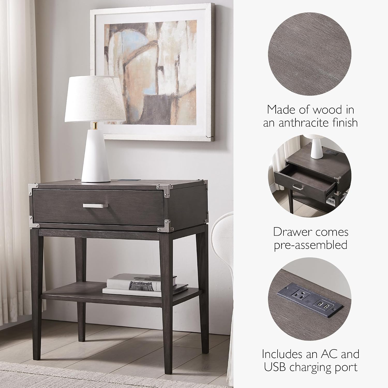 Leick Home 24022 Beckett Nightstand Side Table One Drawer Rustic USB-C Fast Charging Station, A/C and USB Charging Port Integrated Durable Solid Wood Living Room, Bedroom, Office, Anthracite/Pewter