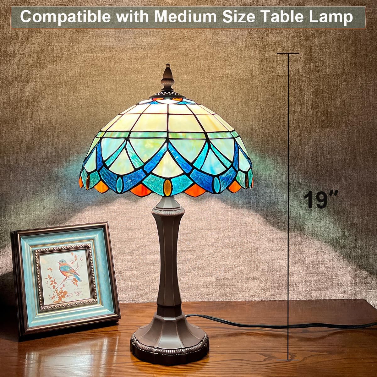 Tiffany Lampshade 12 inch Stained Glass Replacement Lamp Shade Only | Victorian Style Light Blue Shade For Medium Table Lamp Desk Light W12' x H6.3'