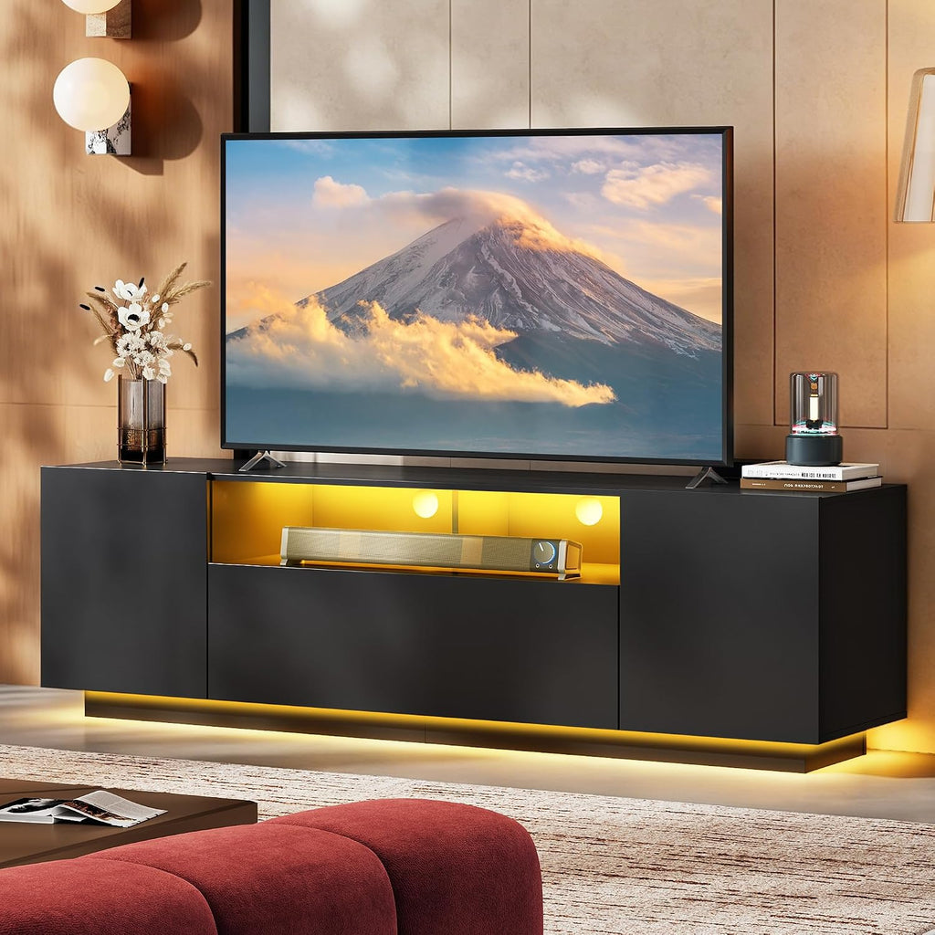 WLIVE LED TV Stand for 55/60/65 Inch TVs, Modern Entertainment Center with Storage Cabinets and Drawer, Gaming Media TV Console with RGB Lights for Living Room, Black