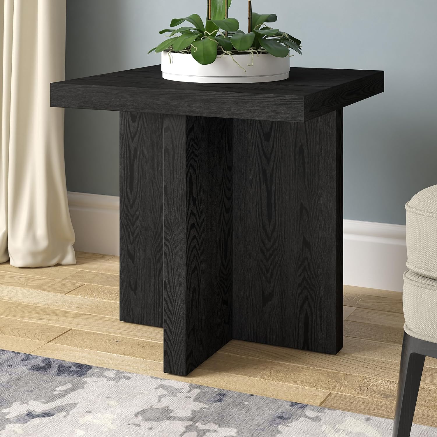 Henn&Hart 22' Scandinavian Square Wooden End Table, Side Table, Nightstand with X-Base for Living Room, Office, Family Room, or Bedroom, Natural Black