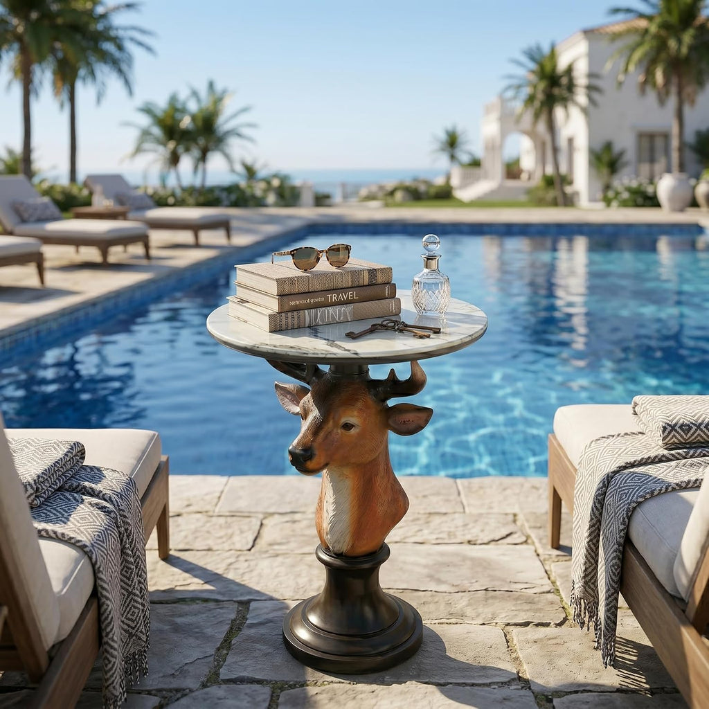 Deer Head Sculptural Accent Table for Living Room & Entryway, 19.69' D x 25.59' H, Resin Animal End Table, Waterproof Outdoor Decor, Unique Gift for Housewarming