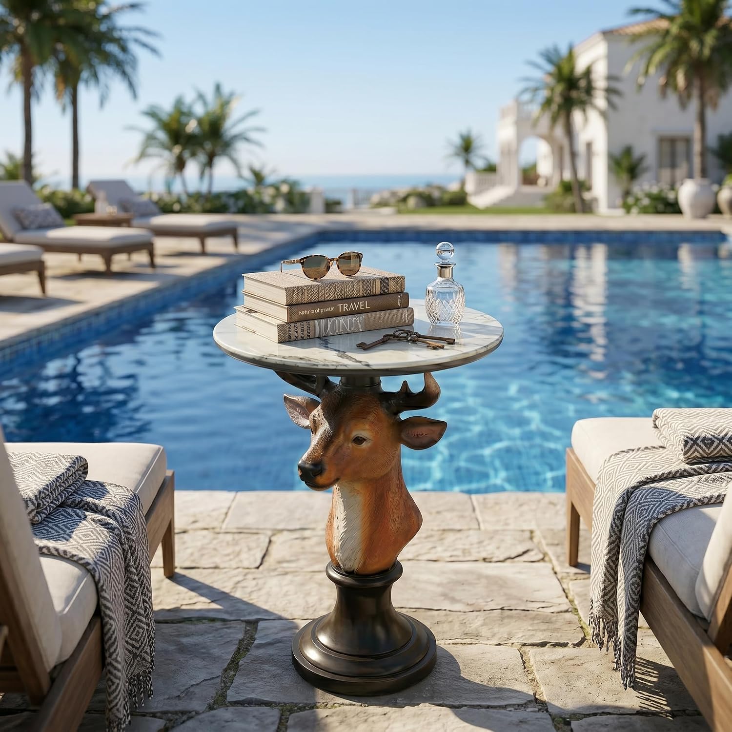 Deer Head Sculptural Accent Table for Living Room & Entryway, 19.69' D x 25.59' H, Resin Animal End Table, Waterproof Outdoor Decor, Unique Gift for Housewarming