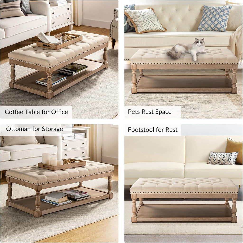 HULALA HOME Rectangle Ottoman Coffee Table with Tray, Tufted Living Room Ottoman with Solid Wood Storage Shelf, Linen