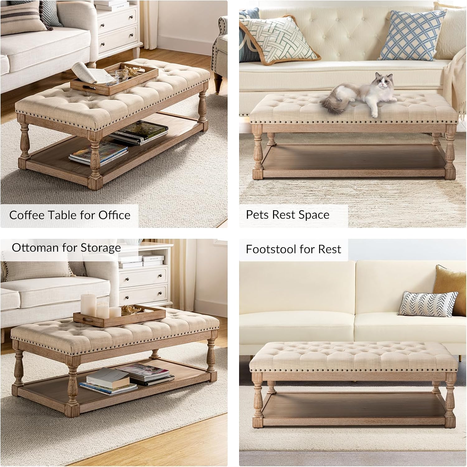 HULALA HOME Rectangle Ottoman Coffee Table with Tray, Tufted Living Room Ottoman with Solid Wood Storage Shelf, Linen