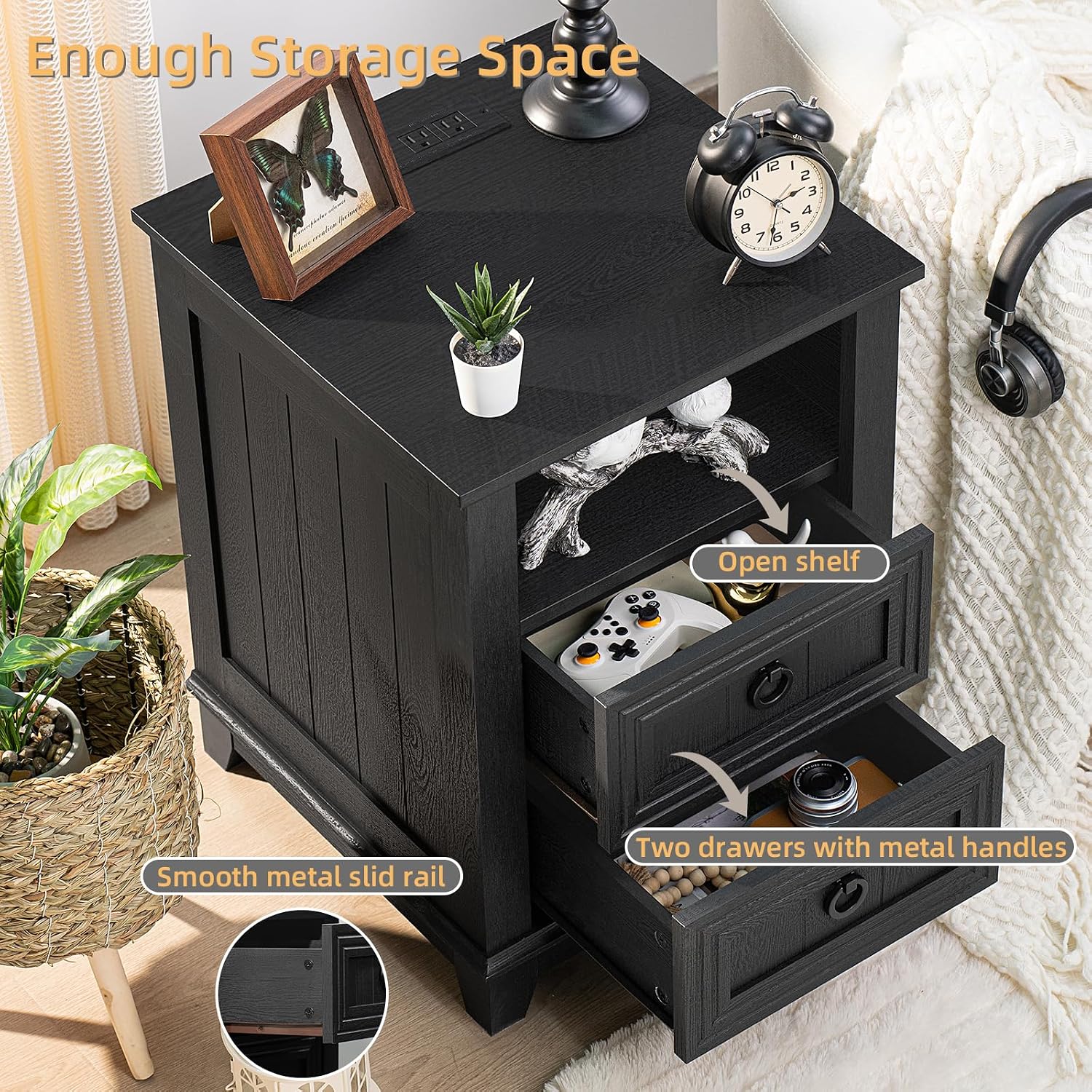 Joaxswe 18' Farmhouse Night Stand with Charging Station, 2 Drawers End Table Dresser for Bedroom, Black Wooden Nightstand, Bed Side Table with Open Shelf, Bedside Cabinet for Living Room, Closet