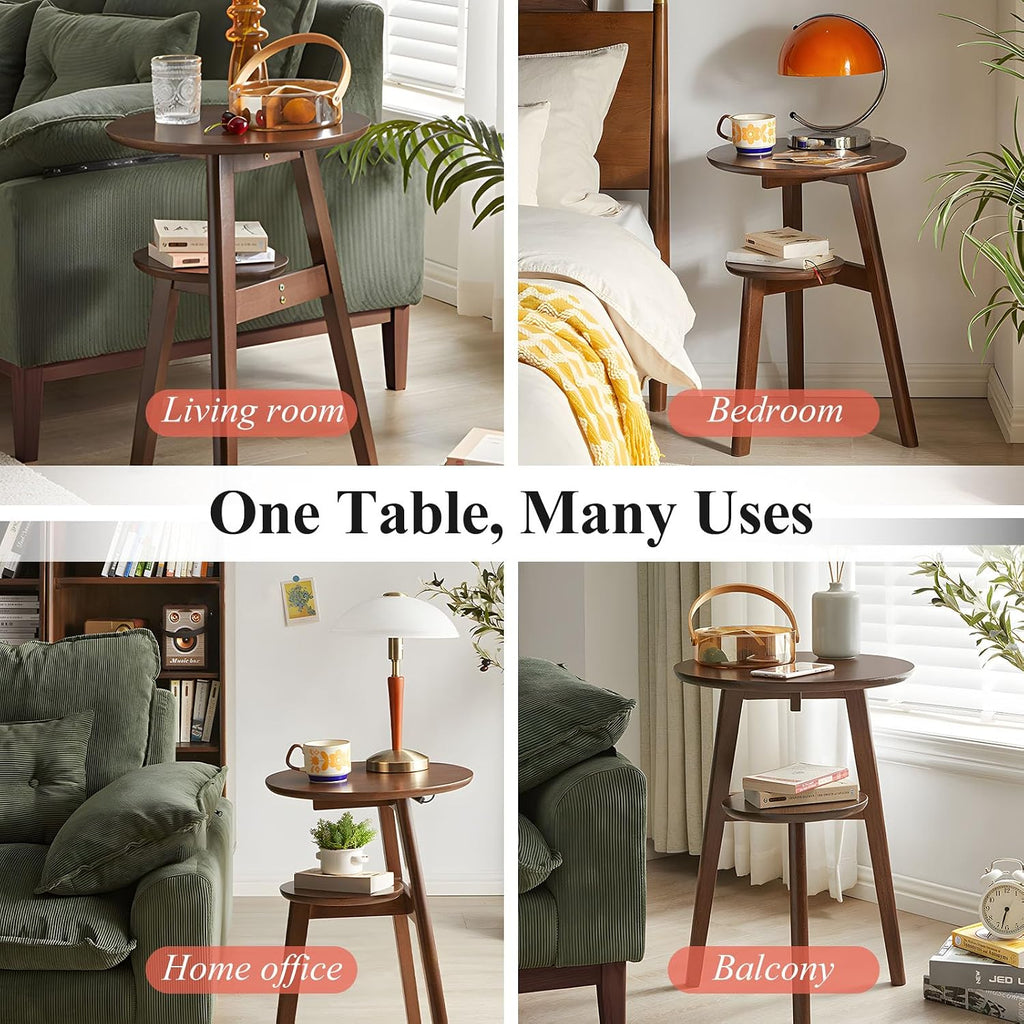Side Table, 2-Tier Round End Tables Living Room, Mid Century Modern Side Table, Round Nightstand, Oak Accent Table, Small Round Coffee Table, 16.54' Dia.x 23.62' H(Walnut)