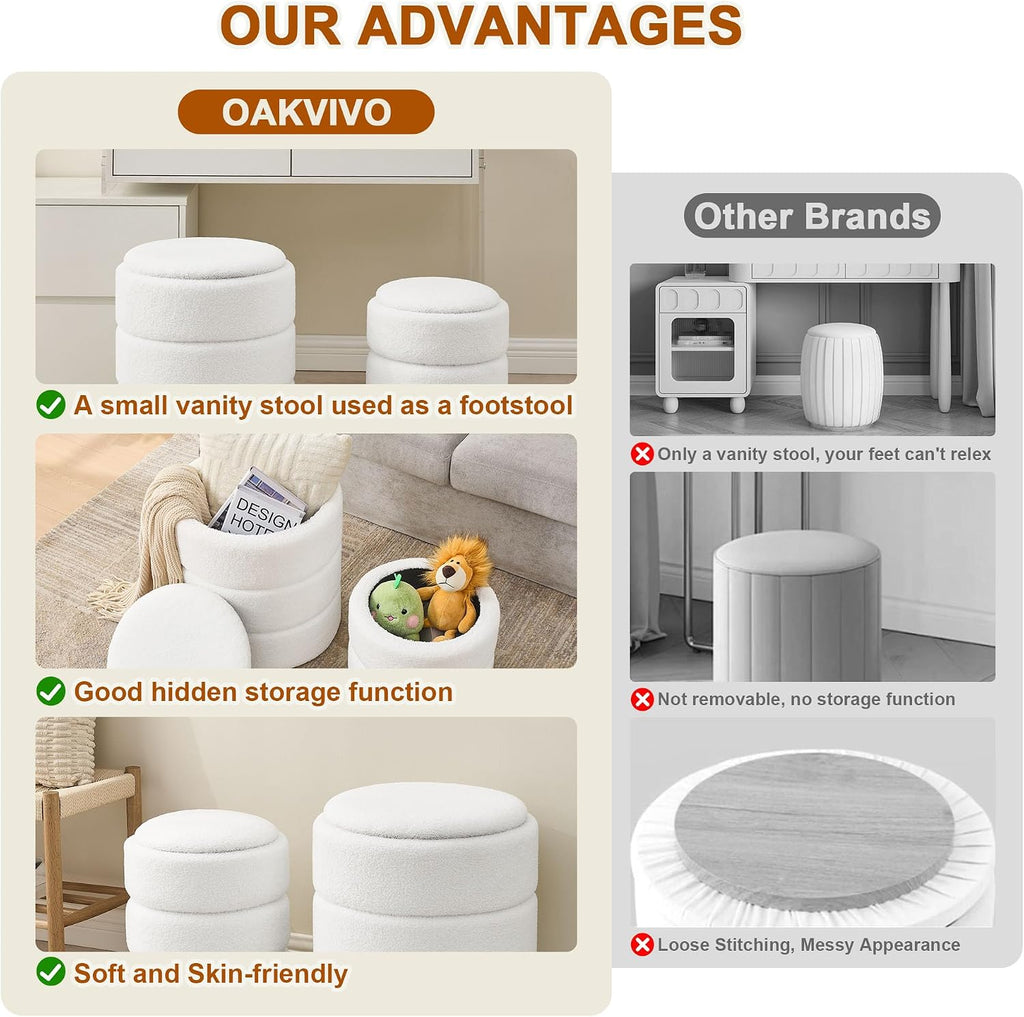 oakvivo Round Ottoman with Storage Set of 2, Soft Teddy Velvet Upholstered Foot Stool Vanity Chairs, Support 330lbs Padded Seat Multifunctional Ottomans Footrest, Foot Rest for Living Room, White