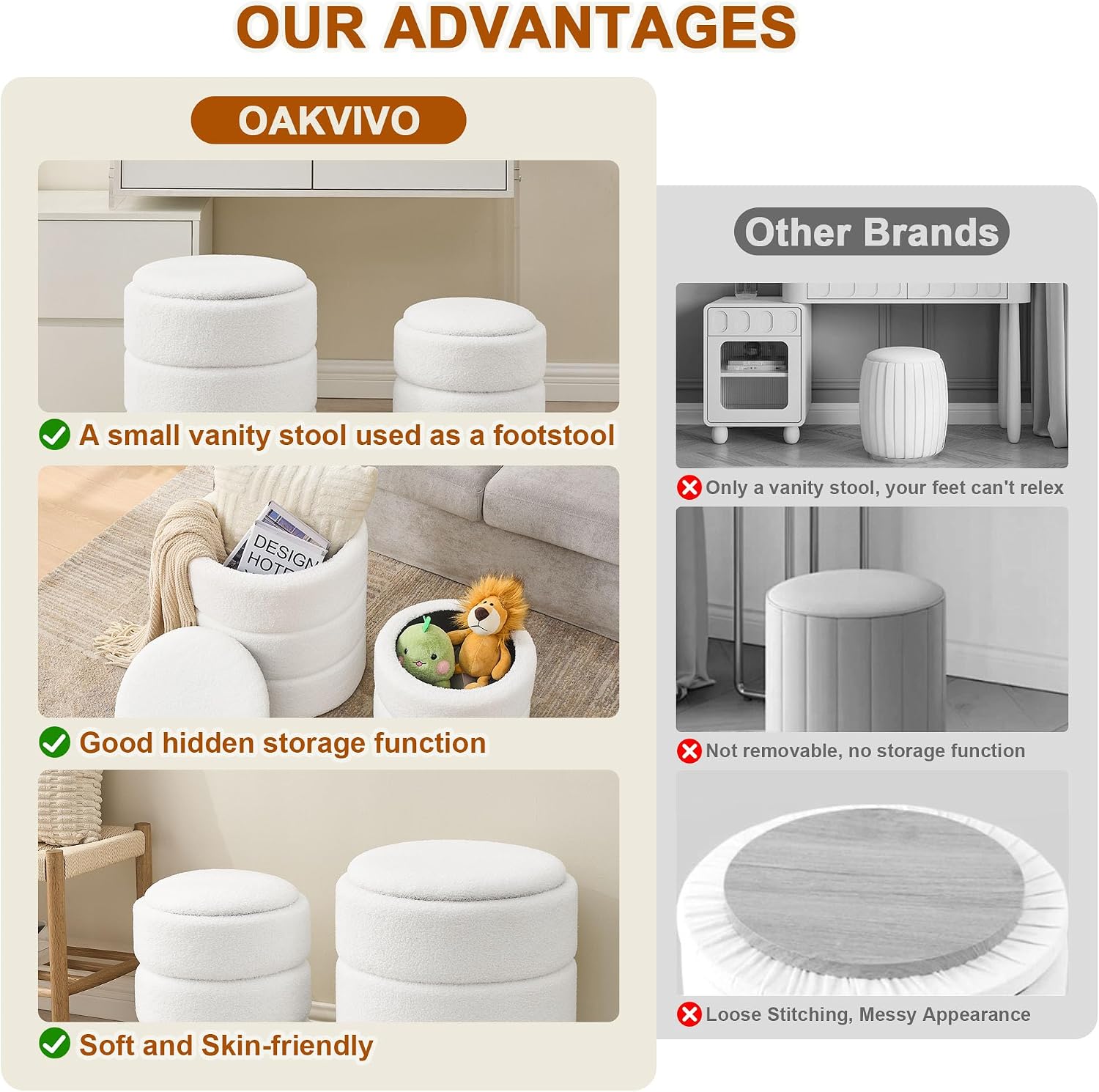 oakvivo Round Ottoman with Storage Set of 2, Soft Teddy Velvet Upholstered Foot Stool Vanity Chairs, Support 330lbs Padded Seat Multifunctional Ottomans Footrest, Foot Rest for Living Room, White