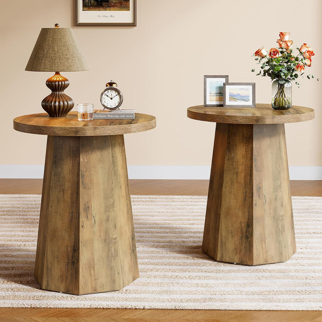 Tribesigns Round Pedestal End Table, Farmhouse Couch Side Table with Octagonal Base, Wooden Drink Stand Accent Nightstand(2, Rustic Brown)