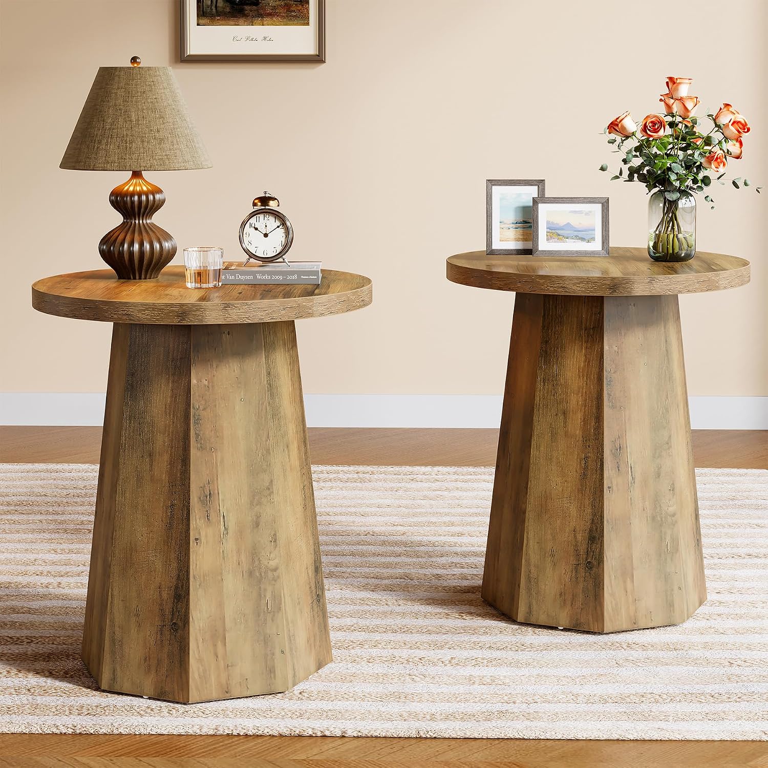 Tribesigns Round Pedestal End Table, Farmhouse Couch Side Table with Octagonal Base, Wooden Drink Stand Accent Nightstand(2, Rustic Brown)