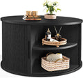 LINSY HOME Round Coffee Table, 31.5' Drum Coffee Table with Sliding Tambour Door, Fluted Accent Center Table with Storage, Mid Century Modern Coffee Table for Living Room (Black)