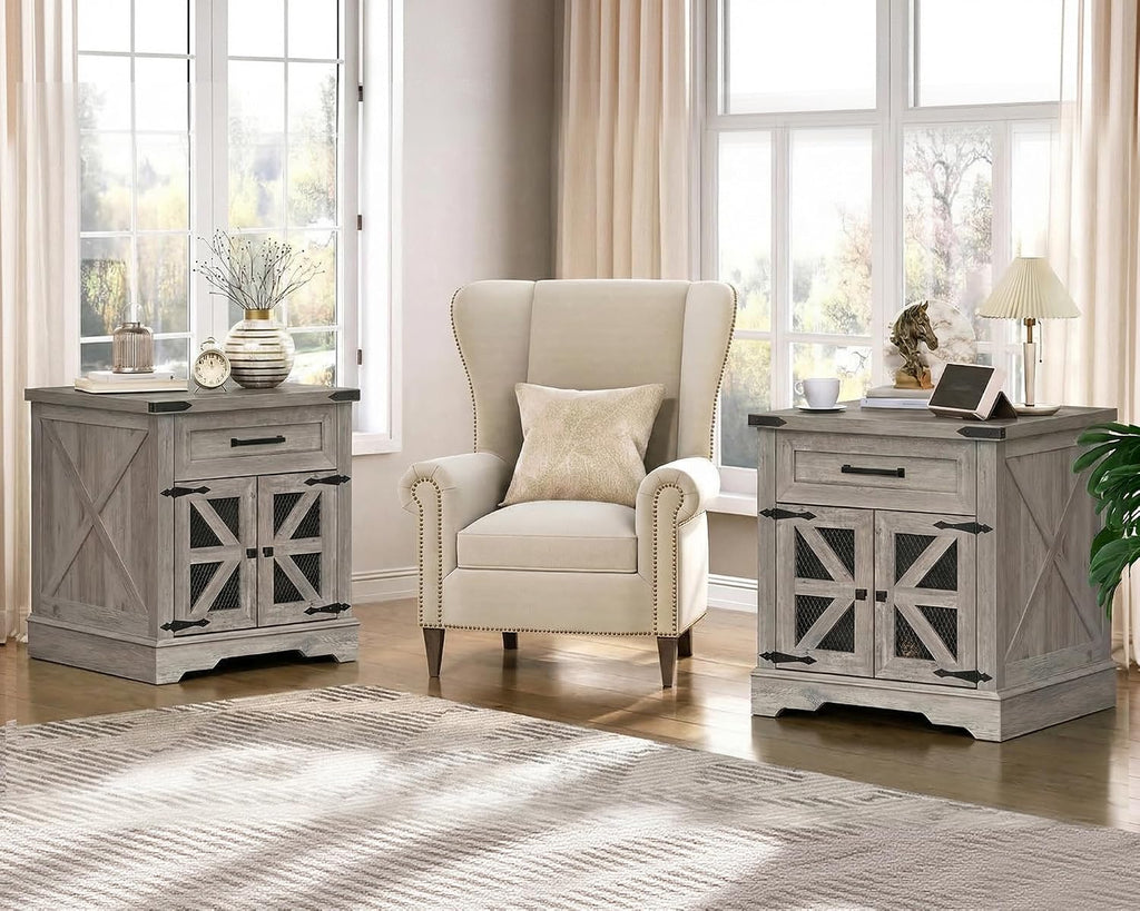RALGEND Farmhouse End Table Set of 2, 24' Large Sofa Side Table with Drawer, Large End Table for Living Room, Wooden Nightstand with Charging Station, Square, Greige