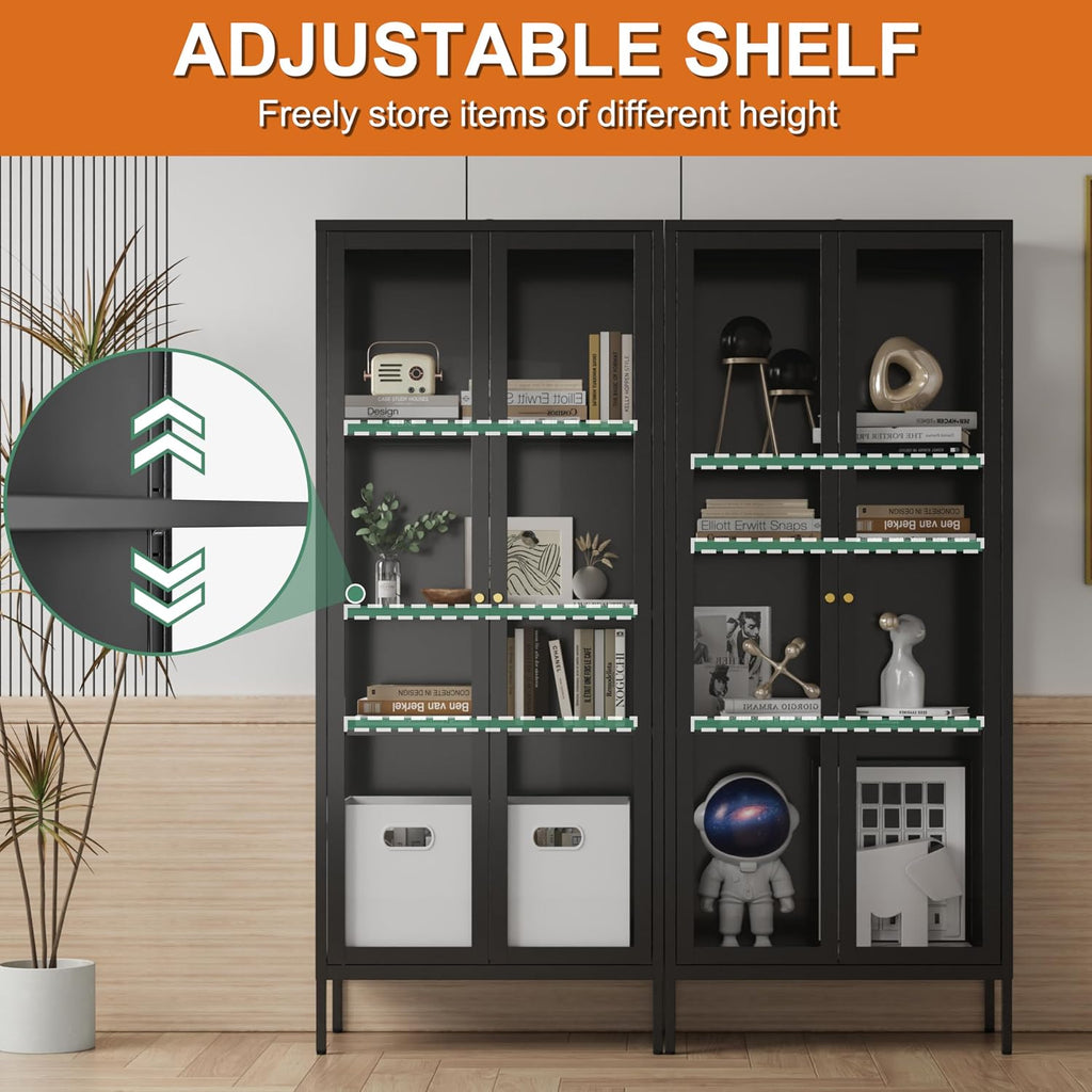 Glass Display Cabinet 4-Tier,66' H Metal Curio Cabinet with Glass Doors and 3 Adjustable Shelves,Display Case for Collectibles,Living Room (No Lights, Black)