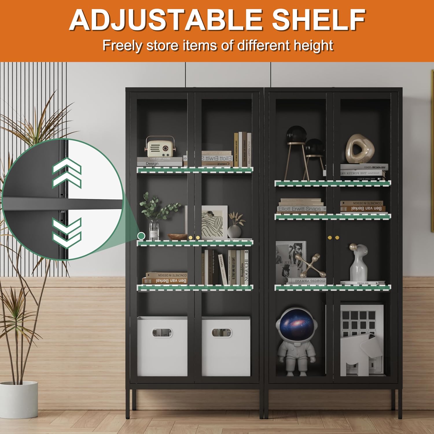 Glass Display Cabinet 4-Tier,66' H Metal Curio Cabinet with Glass Doors and 3 Adjustable Shelves,Display Case for Collectibles,Living Room (No Lights, Black)