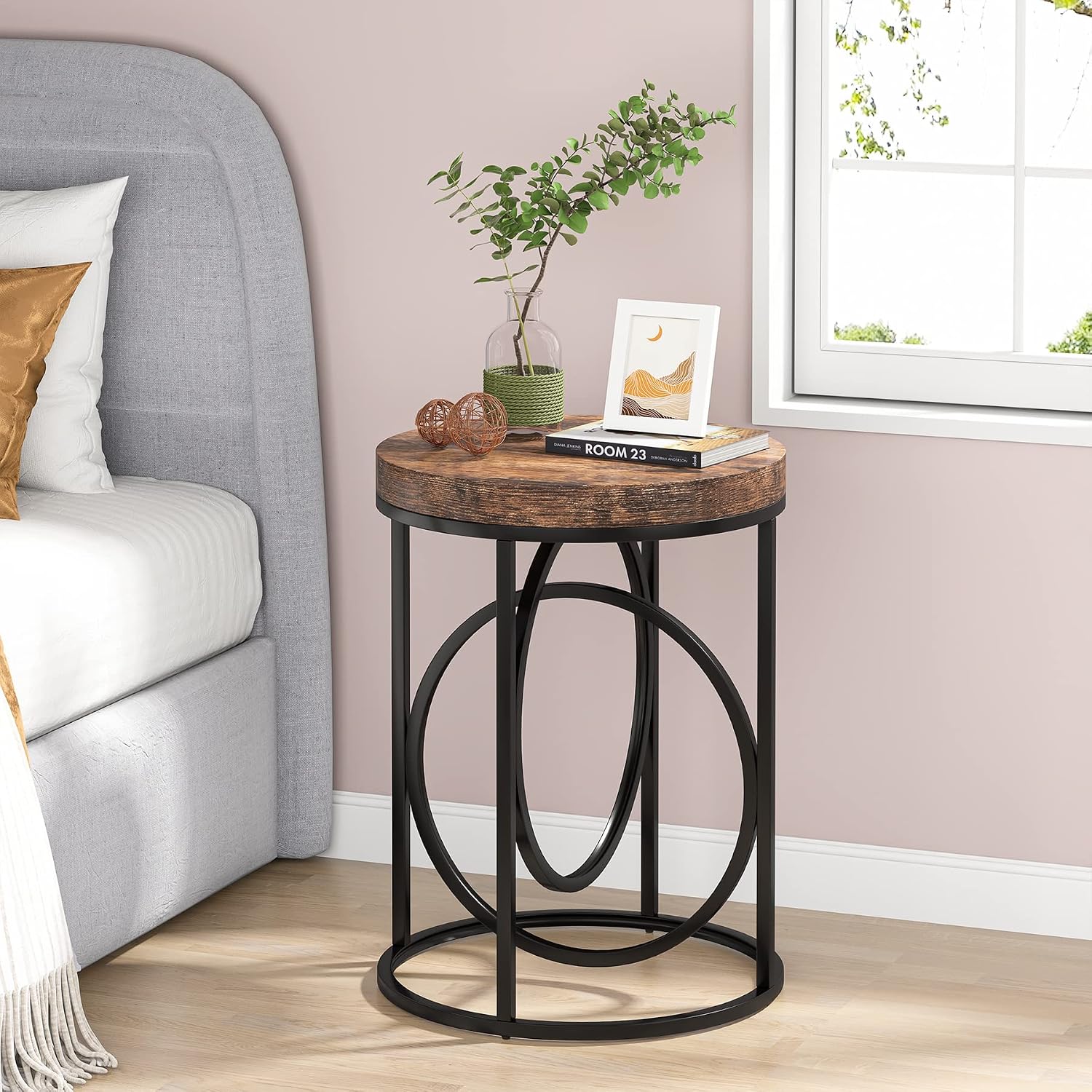 Tribesigns Round End Tables for Living Room Set of 2, 20-Inch Wide, Industrial Side Table with Metal Frame and Wood Top, Modern Circle Accent Table, Tall Narrow Nightstand for Bedroom (Rustic Brown)