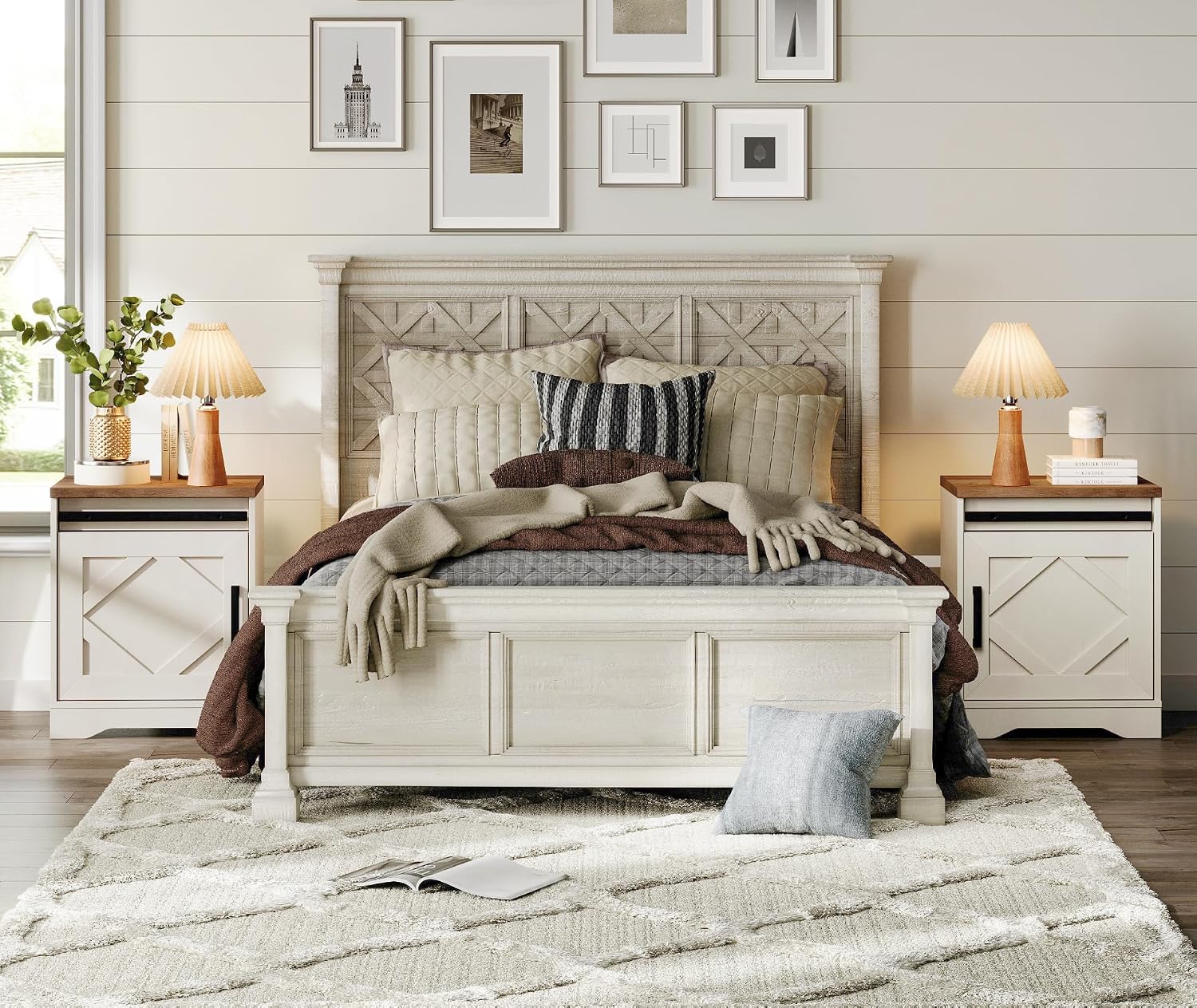 WAMPAT End Table, Pedestal Side Table with Drawer and Cabinet Wood Bedside Table Nightstands for Living Room Bedroom，Cream White