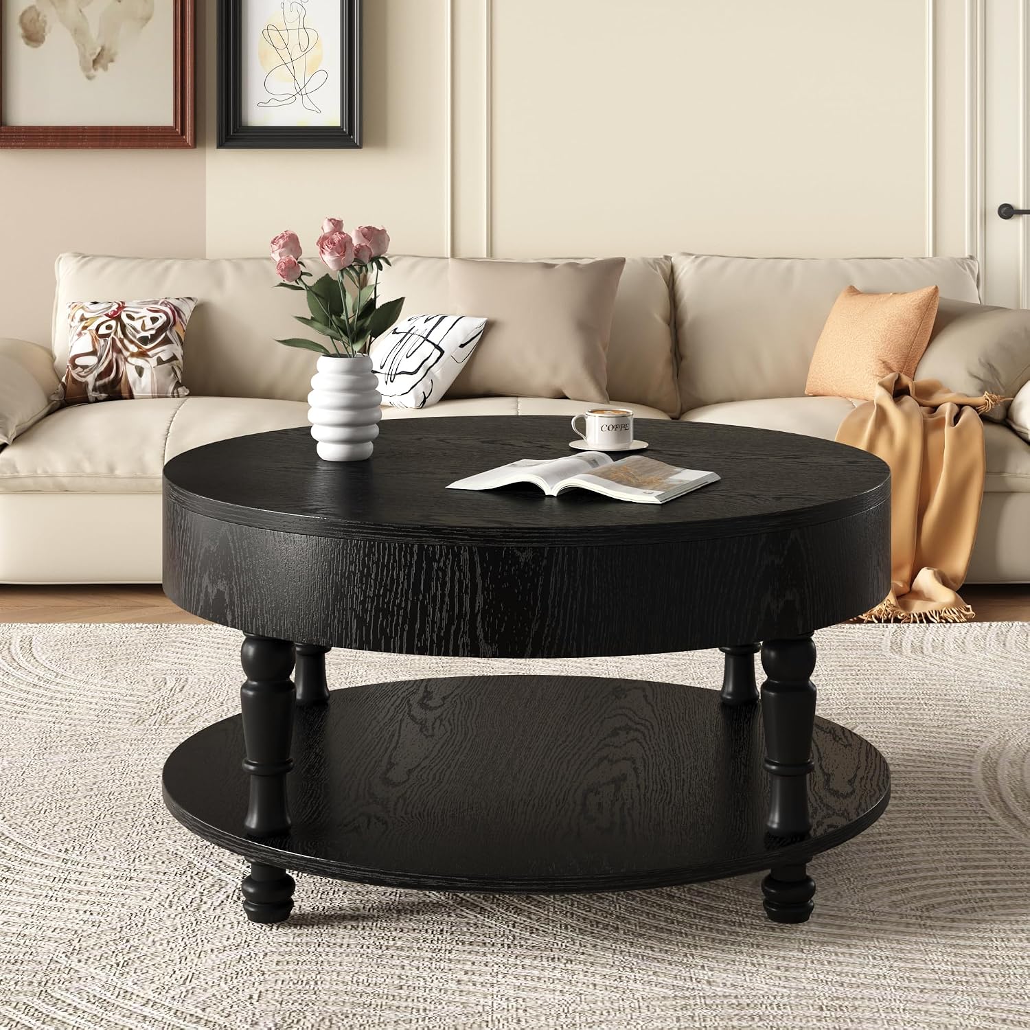 Hayzz Round Coffee Table with Storage 31.5 Inch, Modern Lift Top Accent Coffee Table with Hidden Compartment & Lower Shelf, Adjustable Leveling Feet, Easy Assembly for Living Room, Black
