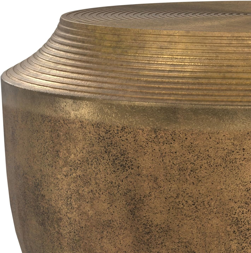 SIMPLIHOME Timmons Coffee Table - 21 inch Wide Cast Aluminum Round Living Room Table in Antique Brass, Industrial Center Table for Compact Spaces with Sculptural Base and Raised Tabletop, Assembled