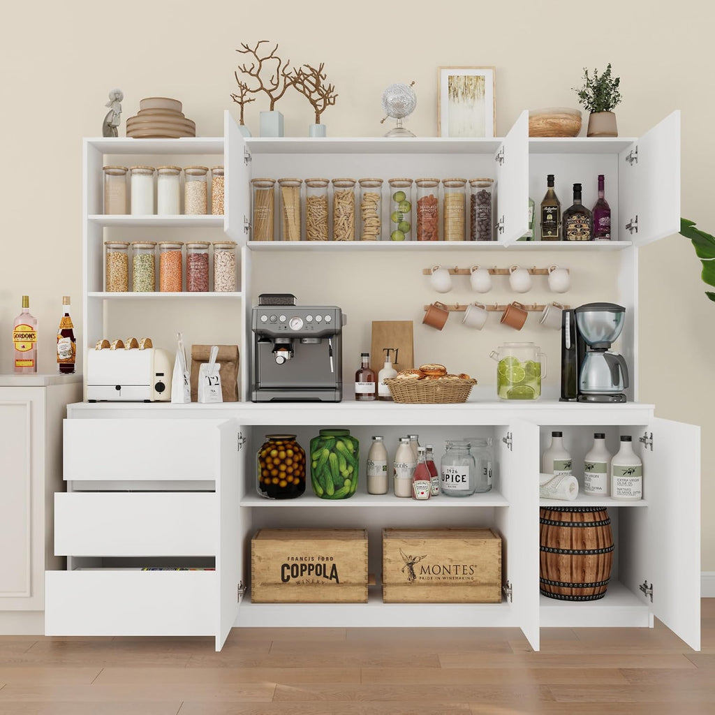 Bobve Large Kitchen Hutch Cabinet with Microwave Stand, Storage Cupboard Pantry with 3-Tier External Shelves and 3 Drawers, Ktichen Food Pantry with Open Countertop for Dining Room, White